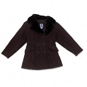 Brown faux fur collared coat with button up front and pockets